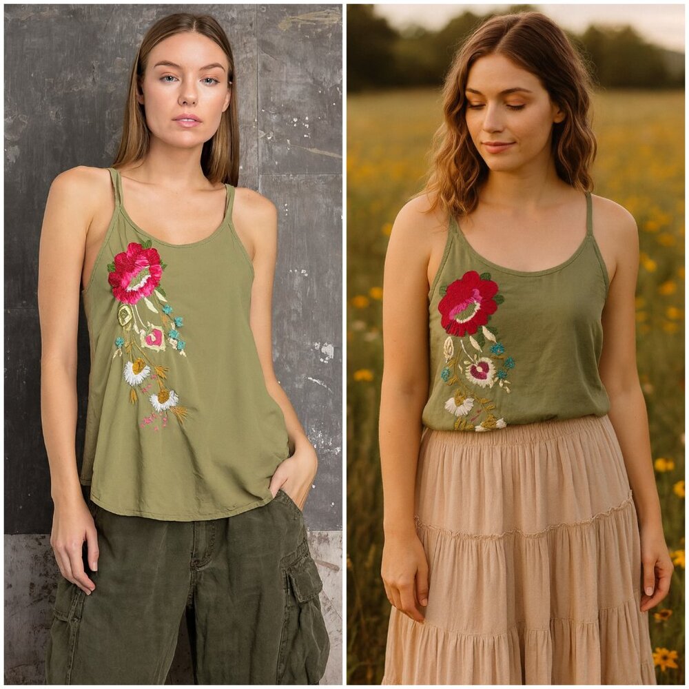 Anthropologie AKEMI and KIN Embroidered Tank Blouse Top Floral Green sz XS Boho
